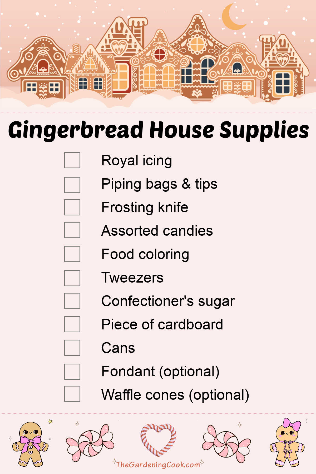 Lista de verificação imprimível para decorar casa de gengibre com ilustração de vila festiva no topo, lista de itens no centro e borda de doces na parte inferior.