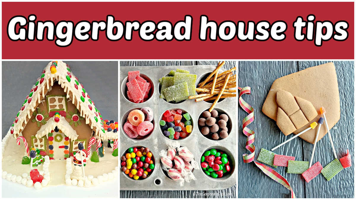 Um mosaico com imagens de uma casa de gengibre, doces em formas de muffin e um pedaço de gengibre com doces para decorar. A caixa de texto vermelha diz dicas para casa de gengibre.
