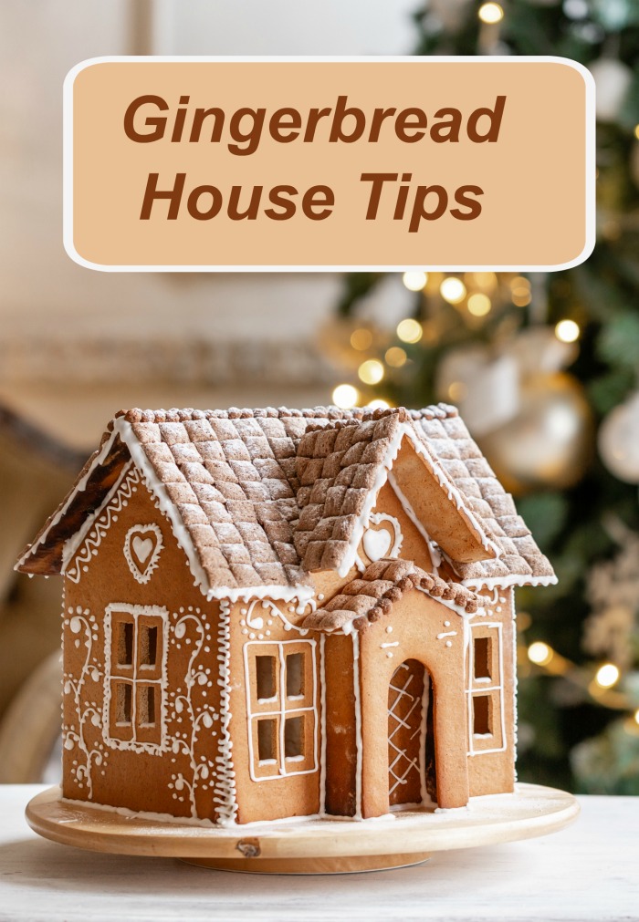 Uma casa de gengibre decorada sobre um prato giratório com glacê branco perto de uma árvore de Natal, com palavras dizendo dicas para casa de gengibre.