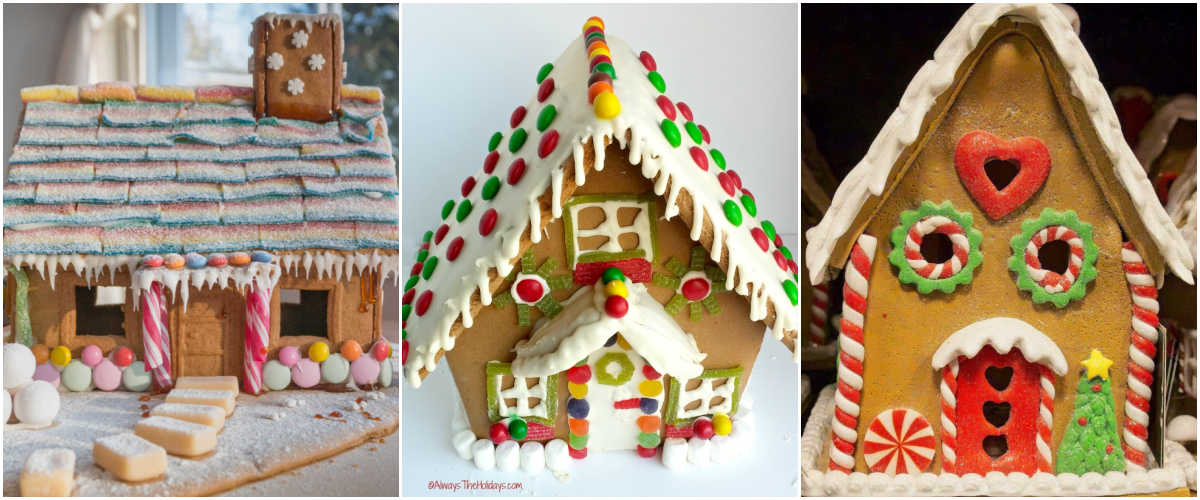 Casas de gengibre criativas. Um collage mostrando fotos de casas de gengibre com telhinhas de bala azedinha (sour candy), um telhado decorado com sixlets e janelas de fatias de frutas, além de porta.