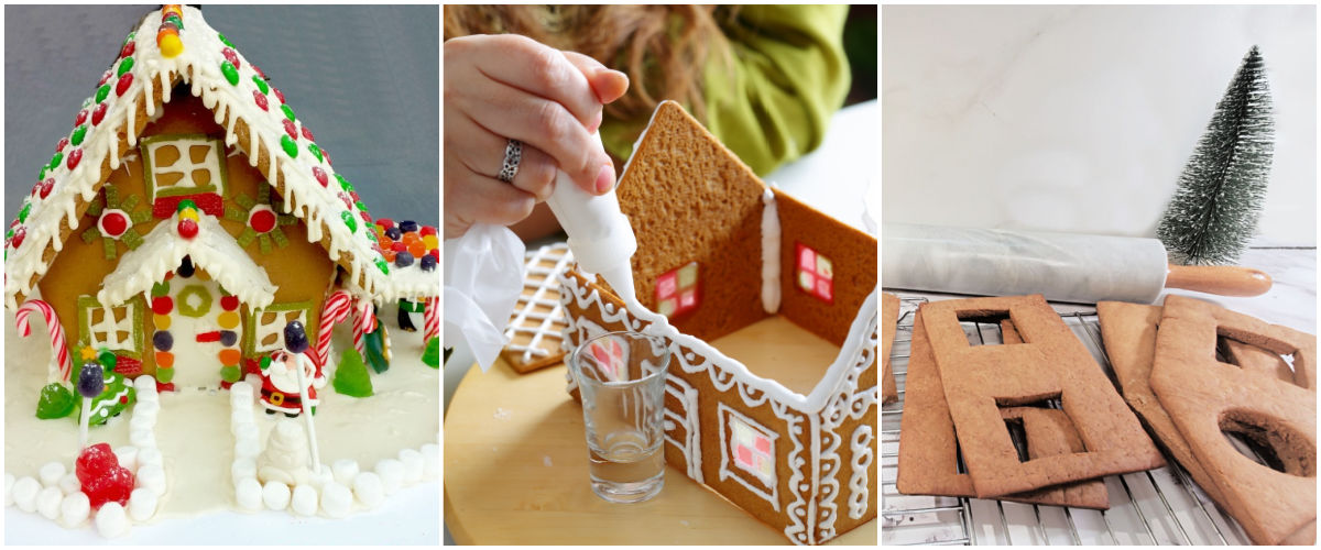 Um collage com imagens de uma casa de gengibre pronta, uma mulher fazendo uma casa de gengibre e pedaços caseiros de gengibre secando em uma grade.