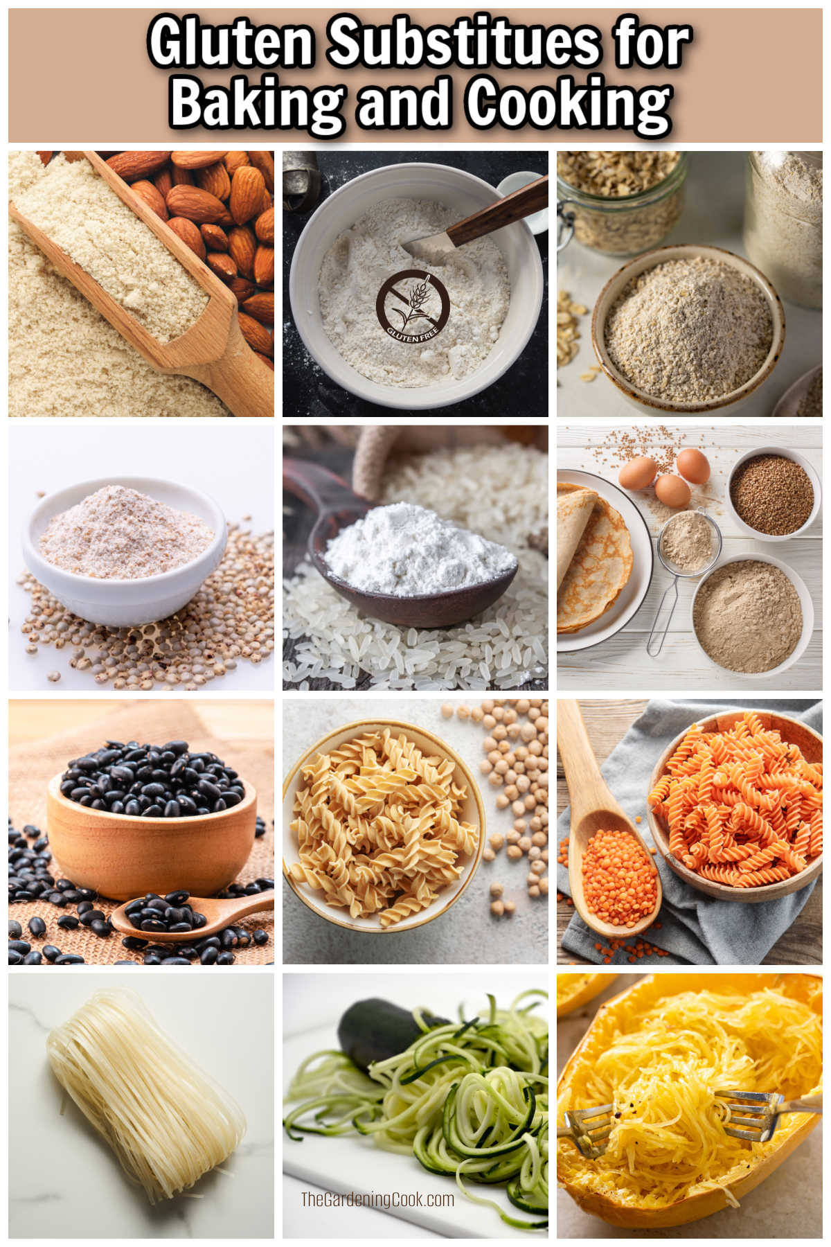 Uma variedade de farinhas, massas e noodles sem trigo úteis em receitas. O texto bege diz substitutos sem glúten para assar e cozinhar.
