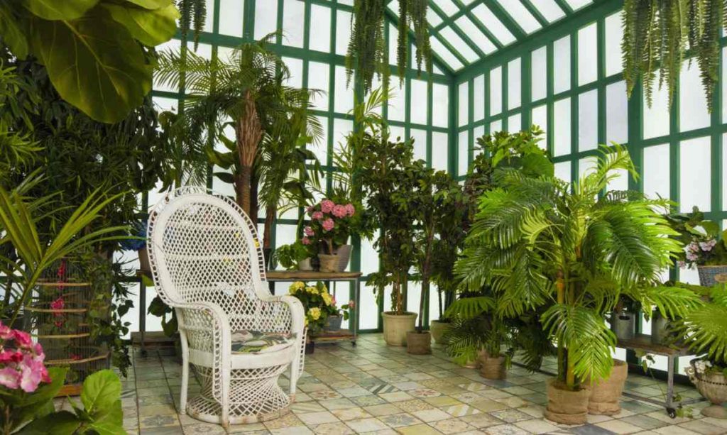Sala de sol com cadeira de vime branca e muitas plantas.