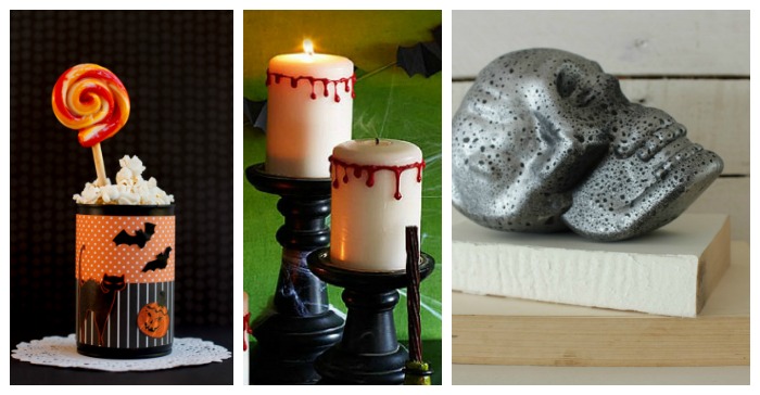Projetos de decoração de Halloween em uma colagem: lembrança de festa, velas assustadoras em suportes e um crânio prateado em um livro.