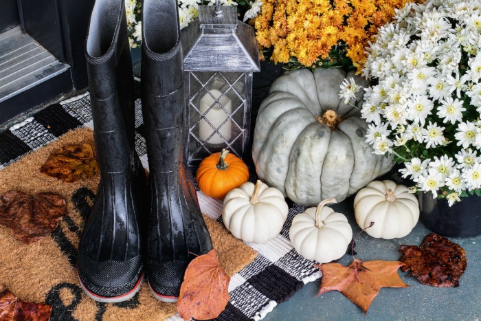 Decoração de folhagens de outono com flores, botas, lanternas e abóboras heirloom.