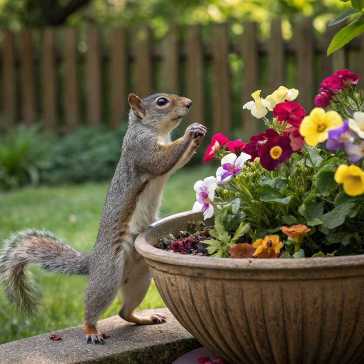 Um esquilo cinza se preparando para cavar em um vaso de flores.