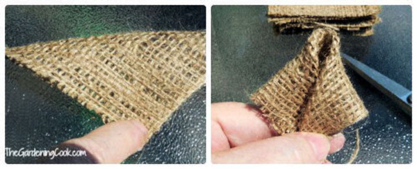 Uma colagem com imagens de uma mão dobrando juta marrom e fazendo pétalas para uma guirlanda DIY de juta.