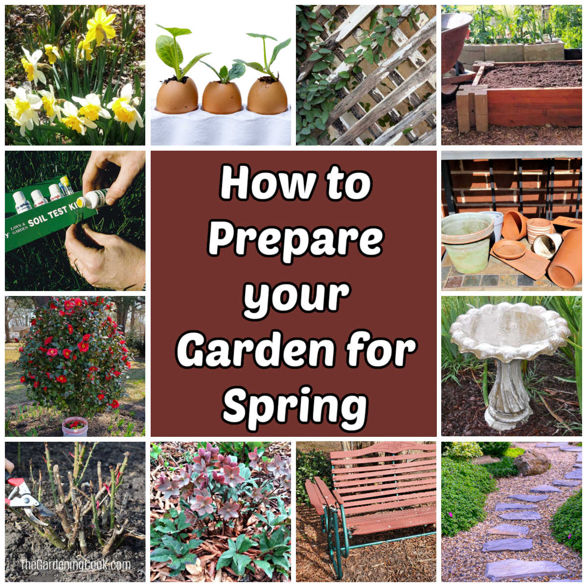 Imagens mostrando como preparar seu jardim para a primavera, incluindo teste do solo, inspeção de ferramentas, poda de rosas e limpeza de um bebedouro de pássaros.