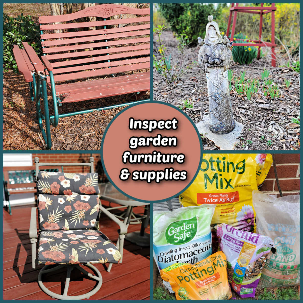 Tarefas de primavera no jardim que precisam de atenção: móveis de jardim quebrados, estátua suja, almofadas de cadeira desbotadas e poucos materiais de jardinagem.