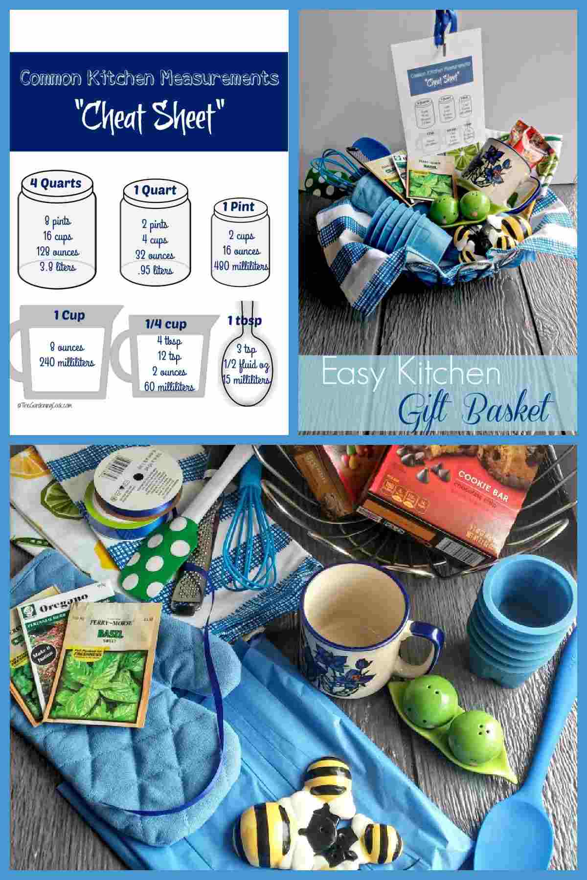 Colagem com uma ficha de dicas e itens de cozinha para usar em uma cesta de presente para o Dia das Mães.