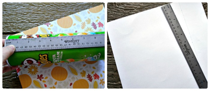 Meça e corte o papel de scrapbook no comprimento da lata.