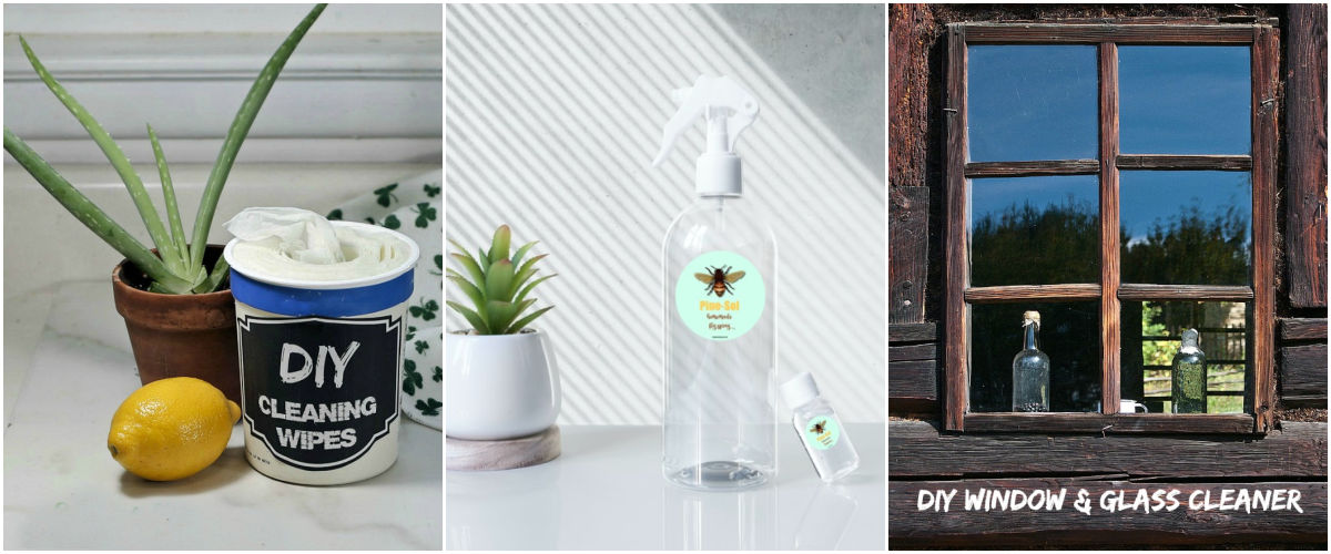 Mais projetos práticos de DIY Um collage com fotos de lenços desinfetantes DIY, repelente de insetos PineSol e limpador de janelas DIY.