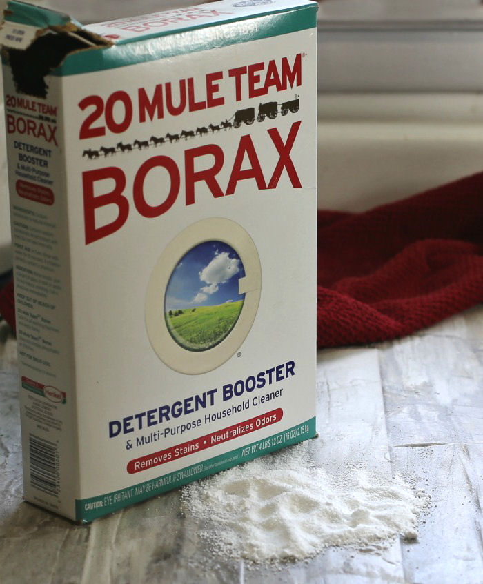 Uma caixa de Bórax da equipe de 20 mulas em uma bancada ao lado de Bórax seco e um pano vermelho para usar em um teste das receitas de iscas de formigas com bórax.
