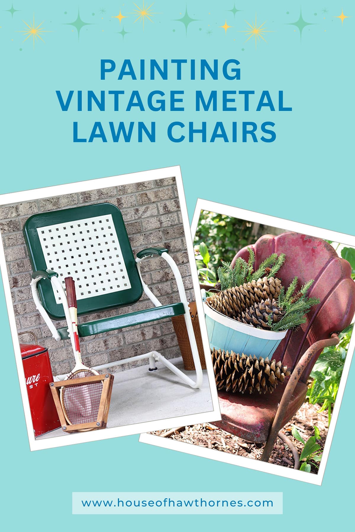 Dê às suas cadeiras vintage de metal para jardim um visual novo e renovado! Aprenda a reaproveitar cadeiras de metal antigas com este guia fácil de pintura de móveis externos de metal. Traga seus móveis retrô para área externa de volta à vida e salve-os do aterro com uma linda restauração!