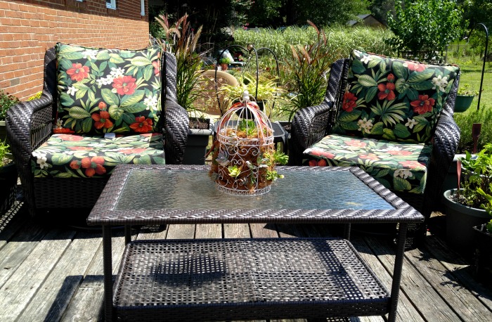 Duas cadeiras de pátio com almofadas coloridas perto de uma mesa de pátio de rattan, que tem uma jardineira de gaiola de suculentas sobre ela.
