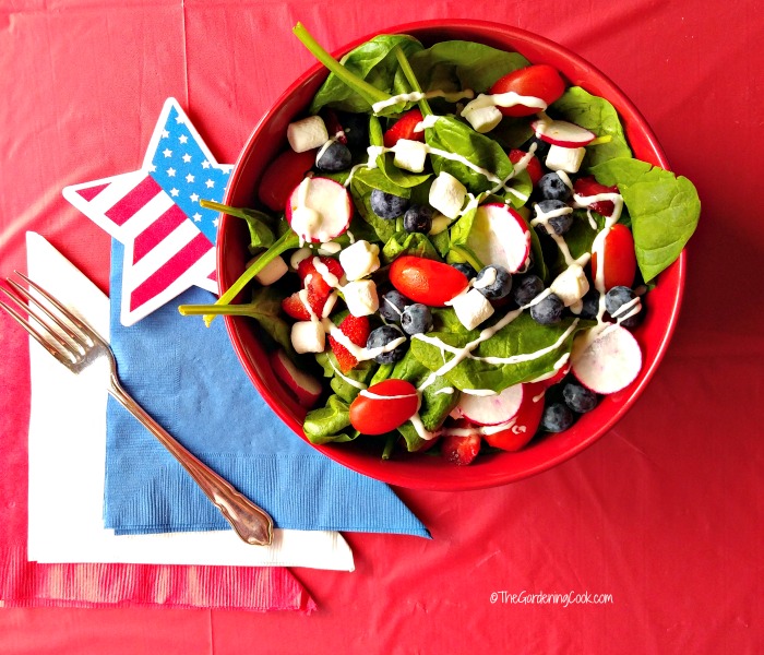 Salada de Jardim Patriótica com estrela da bandeira e toalhas vermelhas, brancas e azuis.