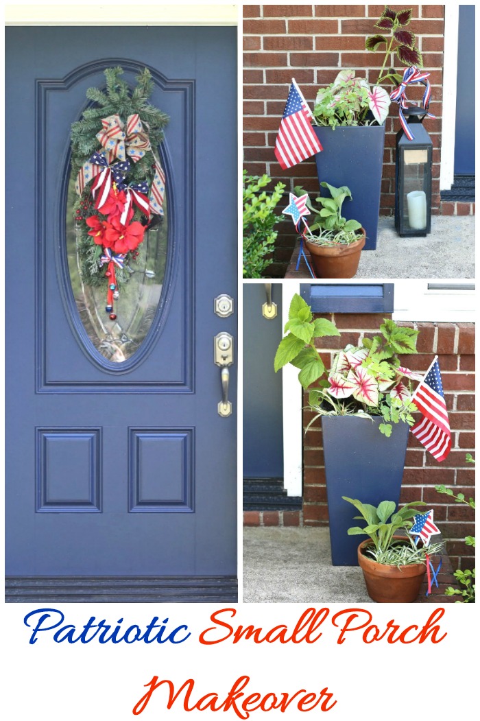 Decoração Patriótica para Pequenas Varandas para o 4 de Julho dá boas-vindas com decorações vermelho, branco e azul.