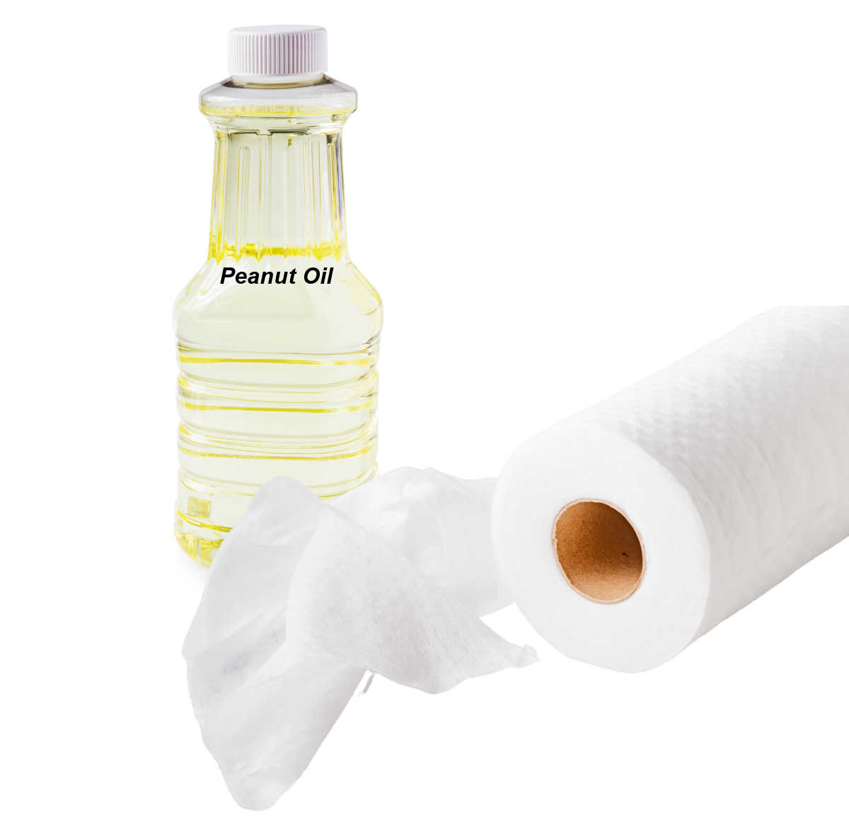 Garrafa de óleo de amendoim e rolo de papel-toalha.