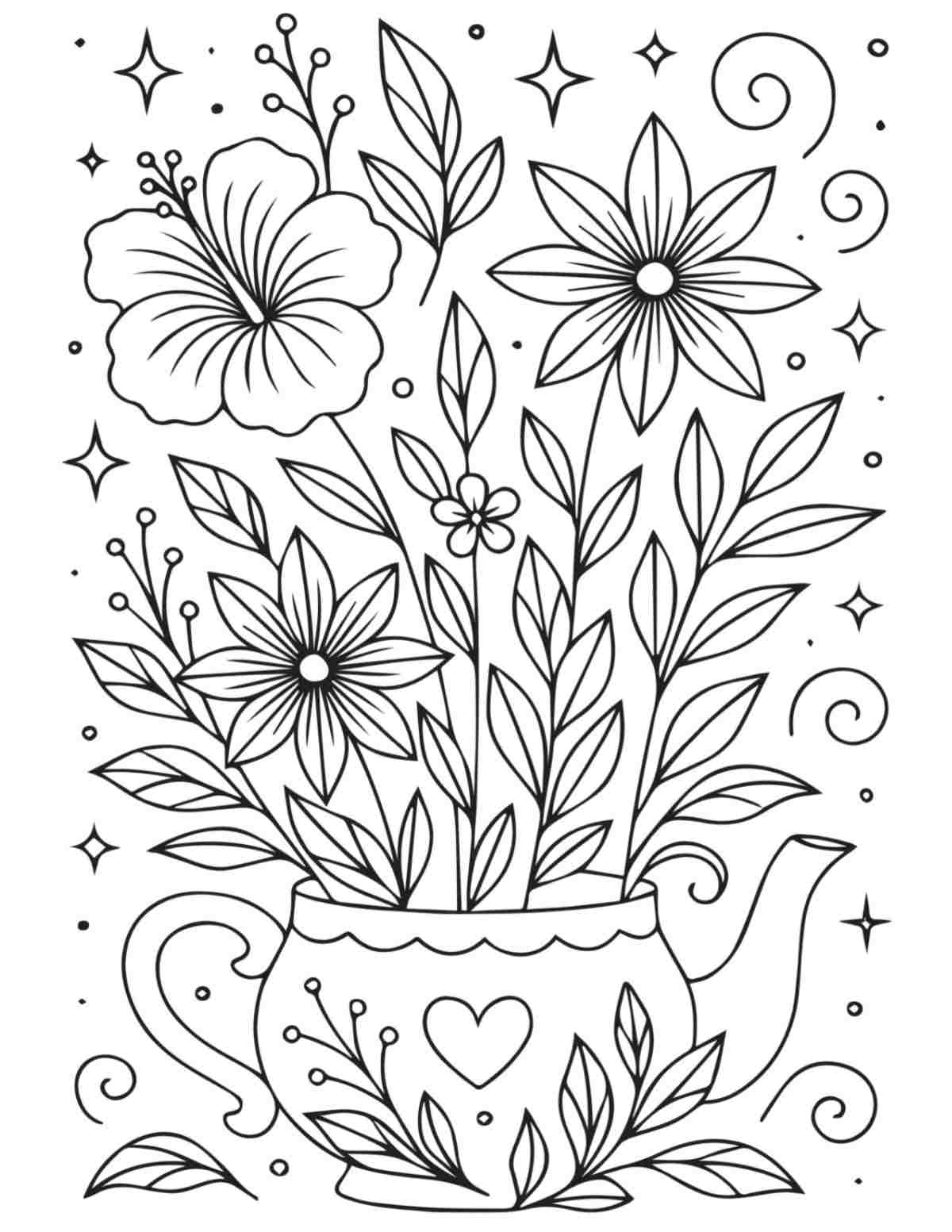 Uma página para colorir de flores para imprimir mostrando uma chaleira com um coração e folhas, com várias flores e trepadeiras crescendo dela.