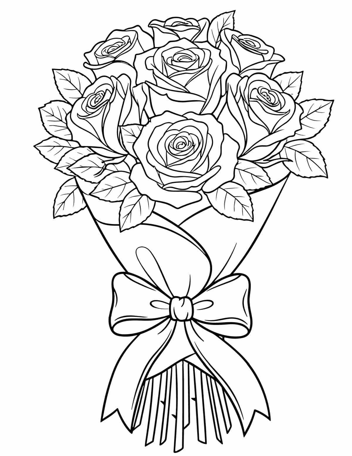 Uma página para colorir de rosas para imprimir mostrando um grande buquê de rosas embrulhado em papel e amarrado com uma fita.