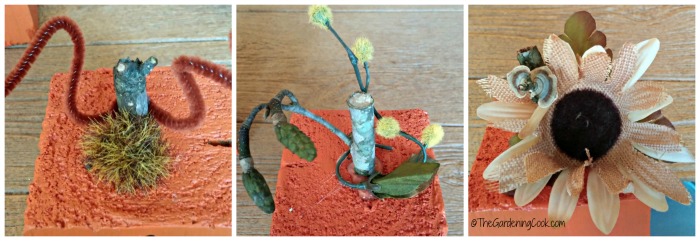 decoração para os talos da abóbora Um collage mostrando galhos pintados em blocos laranja decorados com pedaços de uma presilha floral e um limpador de cachimbo marrom.