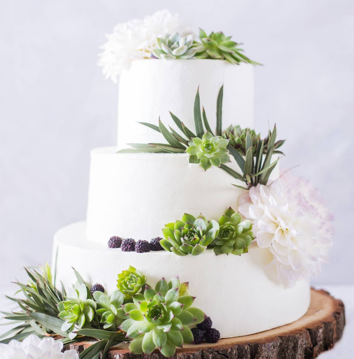 Um bolo com suculentas de três camadas sobre um suporte de bolo de madeira, com fondant branco em cada camada, e topos de bolo artificiais de suculentas em cada camada, junto com flores de dália, doces de amora e folhagem.