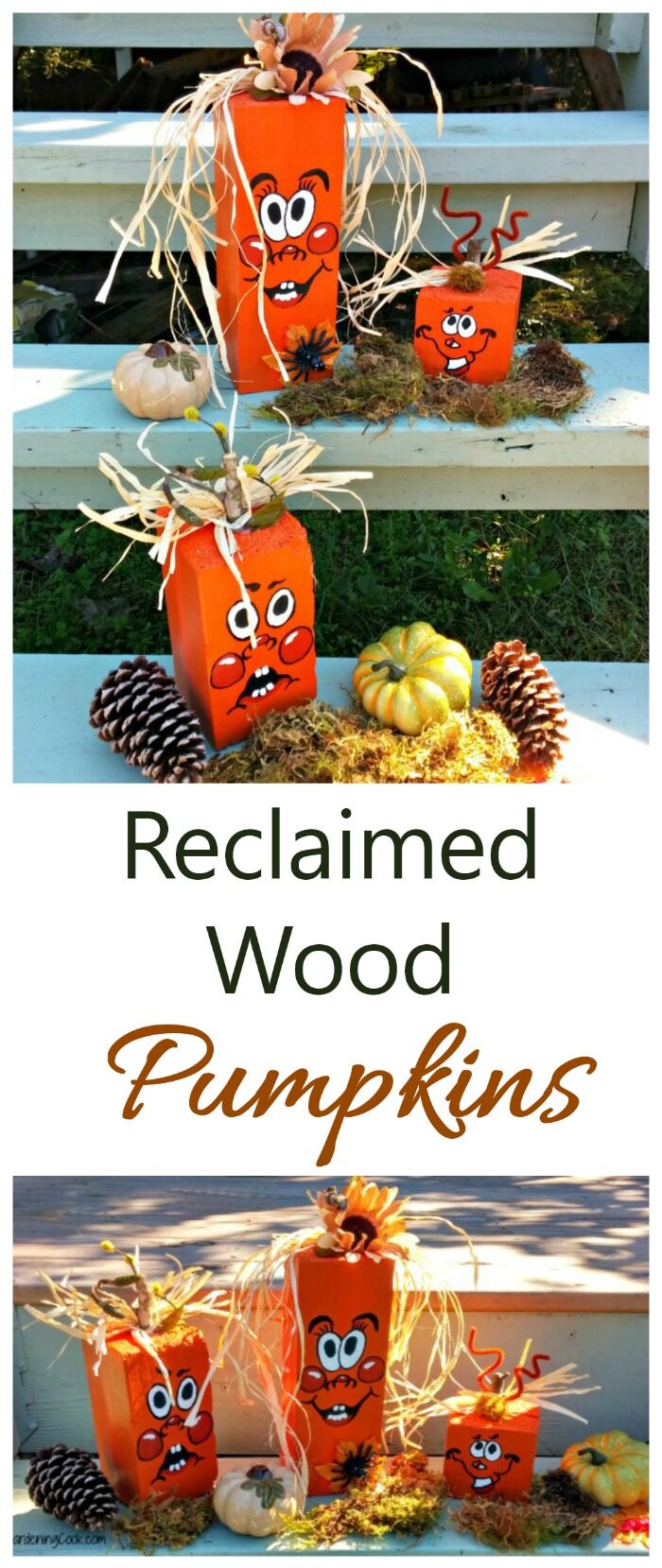 abóboras de madeira reaproveitada Três abóboras de madeira reaproveitada decoradas sentadas nos degraus com pinhas, folhas e mini abóboras. As palavras dizem Reclaimed wood pumpkins.