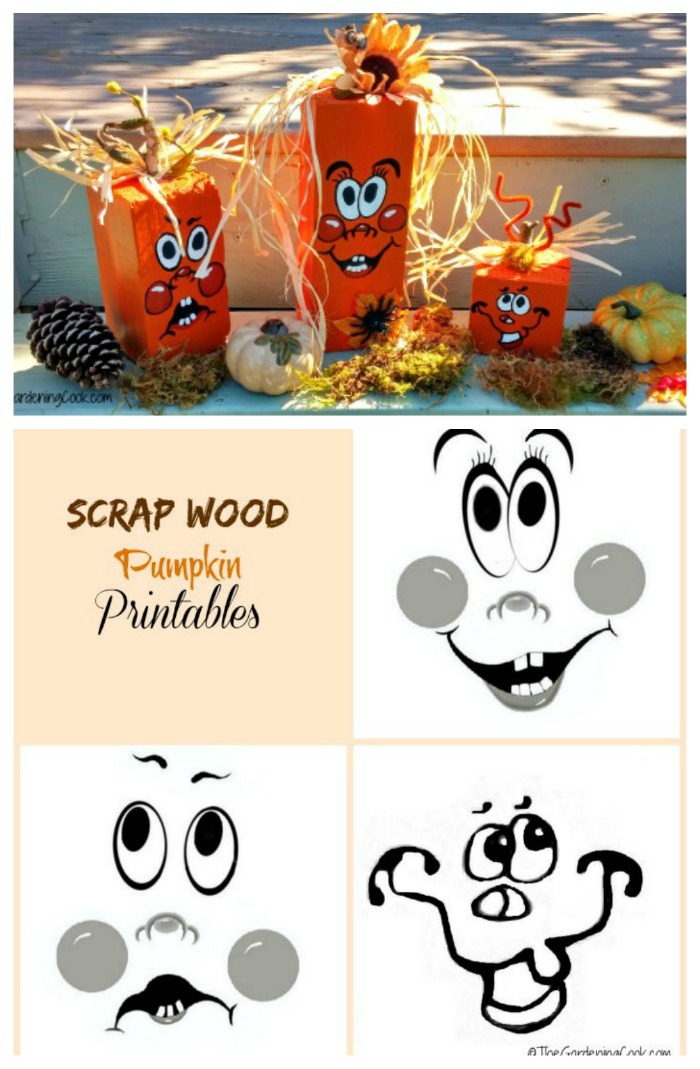 abóboras de madeira reaproveitada imprimível Madeira pintada para parecer abóboras com musgo e pinhas, e três rostos de abóbora com as palavras Scrap wood pumpkin printables.