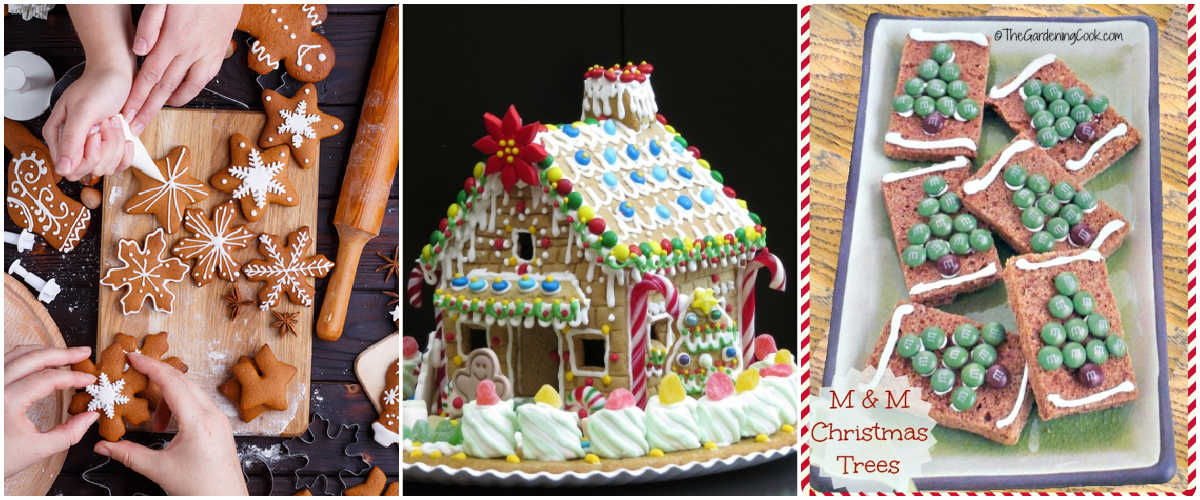 Um mosaico com imagens de mãos trabalhando com gengibre, uma casa de gengibre pronta e biscoitos em barra de gengibre com árvores de Natal MM.