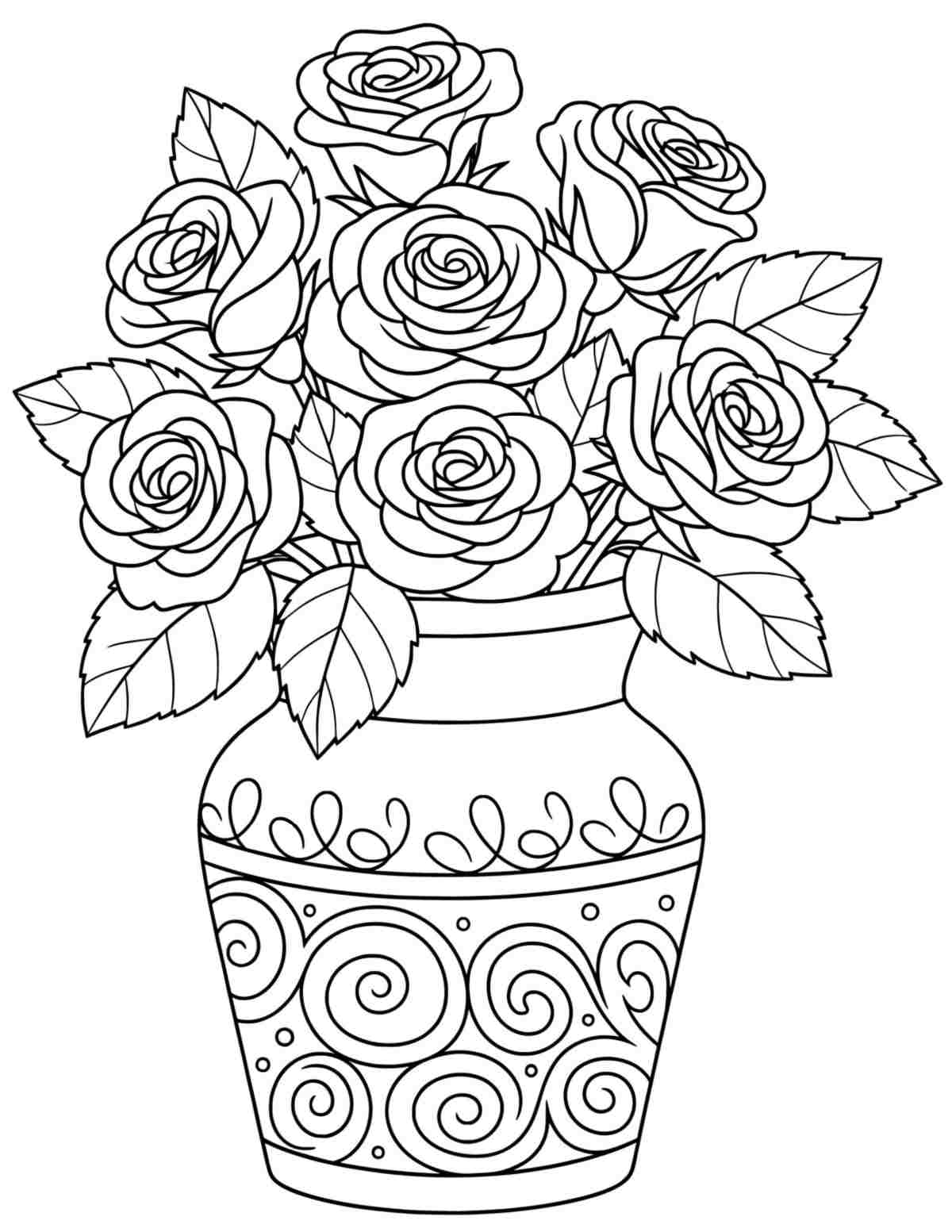 Uma imagem de página para colorir de rosas grátis para imprimir com um grande vaso com desenho espiral, cheio de rosas.
