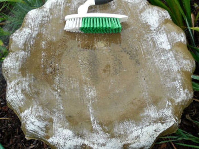 Uma imagem do processo de um bebedouro de pássaros de cimento parcialmente limpo, que ainda tem um pouco de algas, com uma escova rígida de esfregar apoiada no recipiente do bebedouro.