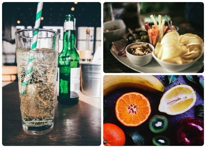 Suprimentos de bar e petiscos com frutas em uma colagem.