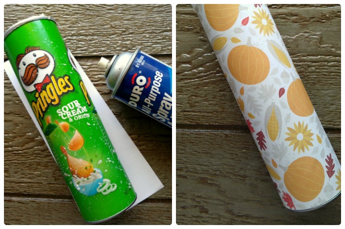 Borrife a lata e envolva com o papel de scrapbook