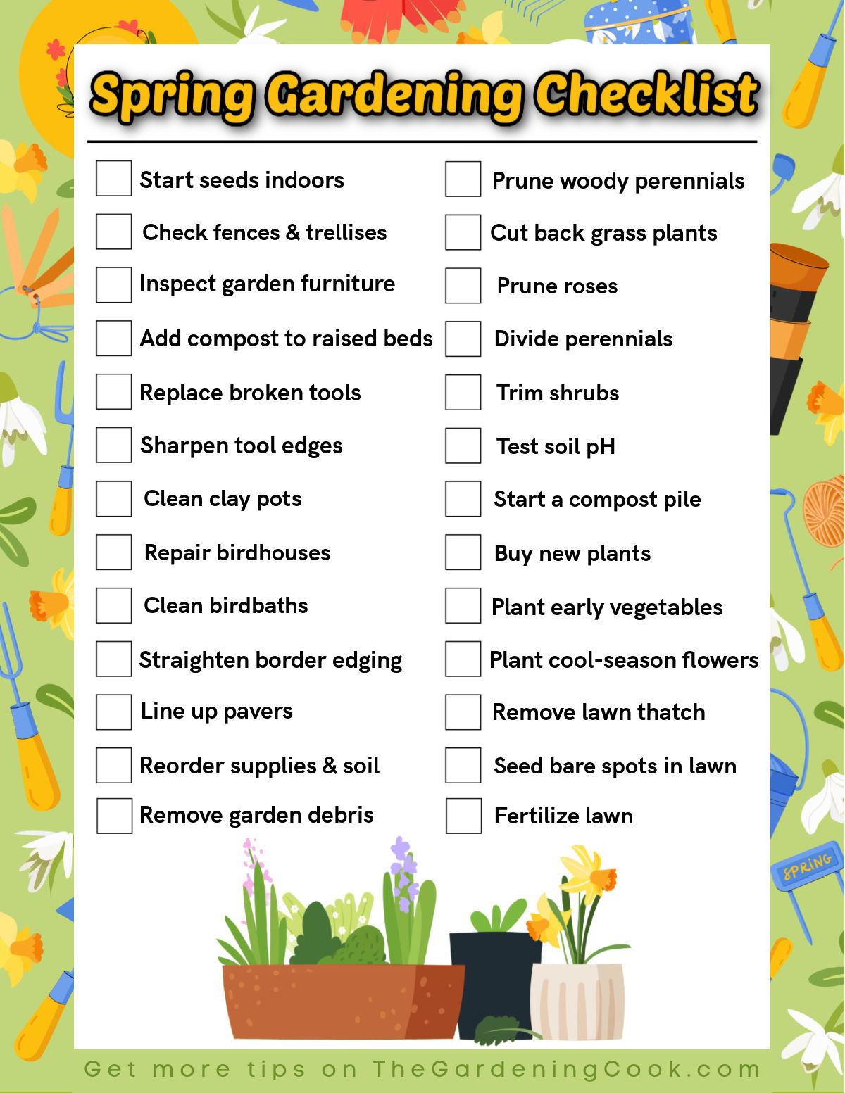 Uma lista de verificação de jardinagem na primavera em formato jpg, com caixas de seleção ao lado das tarefas para preparar o jardim para a primavera.