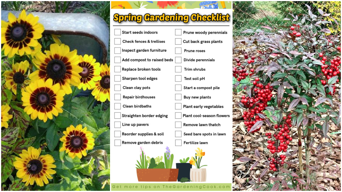 Uma colagem com imagens de uma lista de verificação do jardim de primavera, flores de verão e perenes de outono.