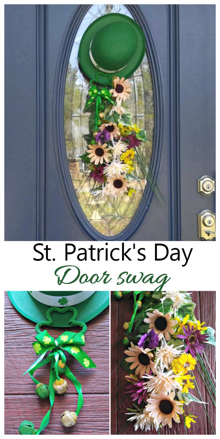 Esta Guirlanda de Porta do Dia de São Patrício em texto em uma colagem mostrando uma guirlanda de porta com chapéu de duende e flores.