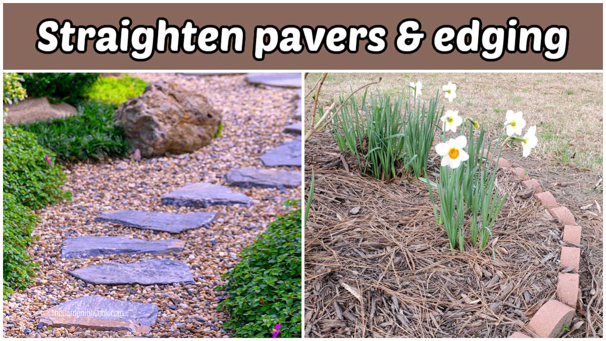 Pavers e bordas do jardim que precisam ser endireitados no início da primavera.