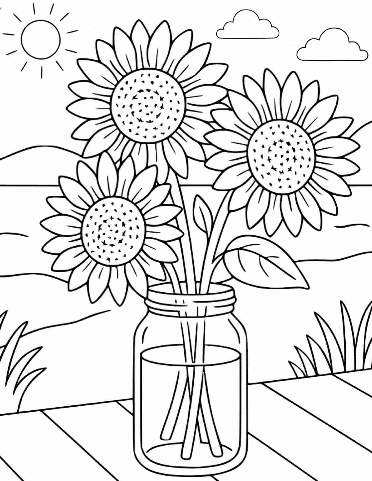 Uma imagem de páginas para colorir de girassóis grátis para imprimir com um pote contendo três girassóis sobre um deque, com um rio e nuvens ao fundo.
