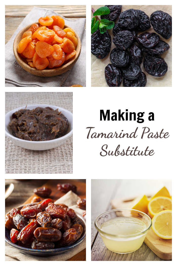 fazer substituto de pasta de tamarindo Damasco seco, ameixas secas, tâmaras, suco de limão e pasta de tamarindo com sobreposição de texto dizendo