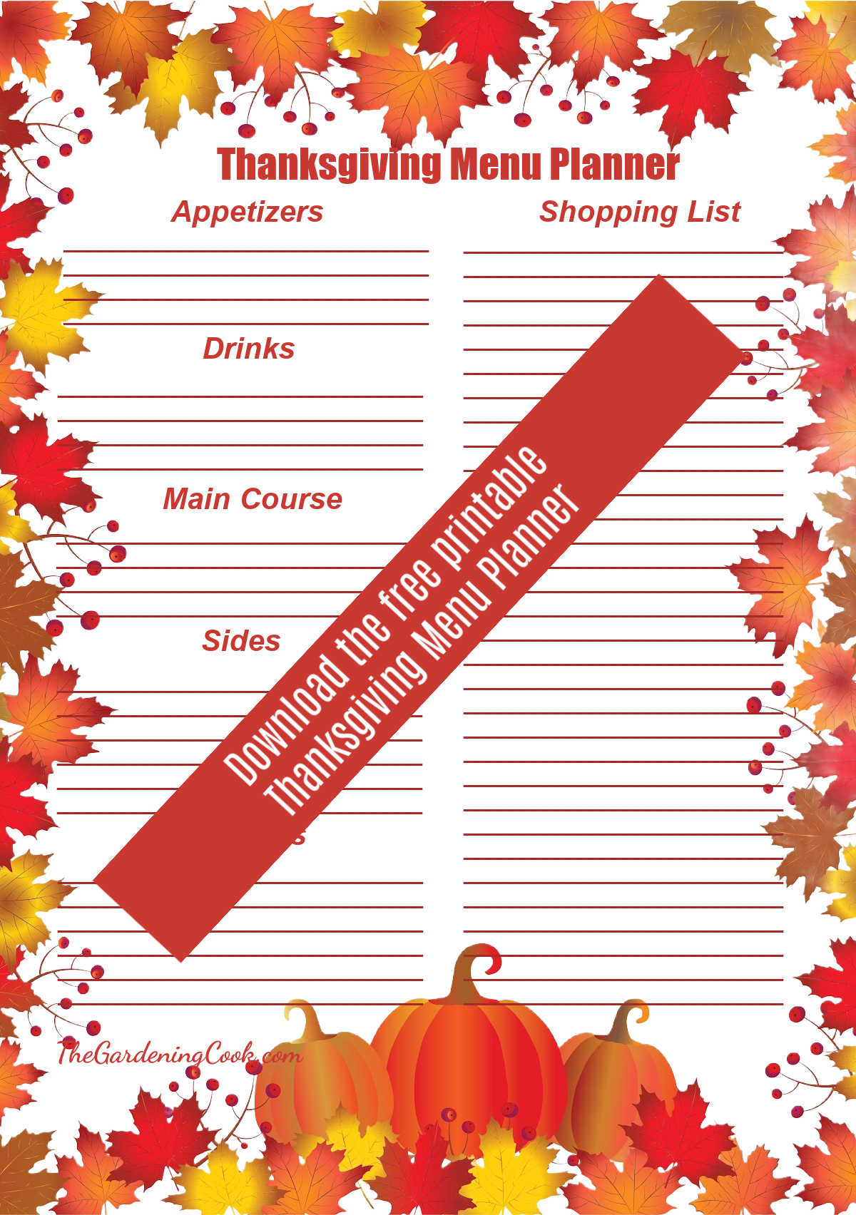 Folha com linhas para planejamento das refeições cercada por folhas. O texto sobreposto diz Download the free printable Thanksgiving Menu Planner.