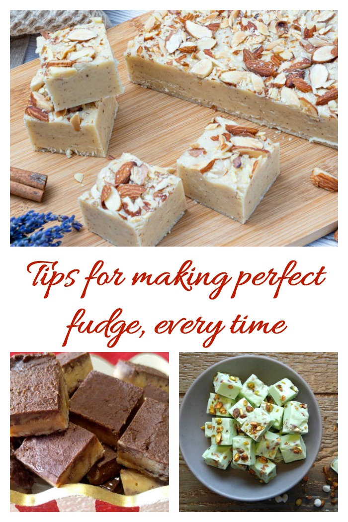 dicas para fazer o fudge perfeito. Três tipos de fudge em um colagem com palavras dizendo