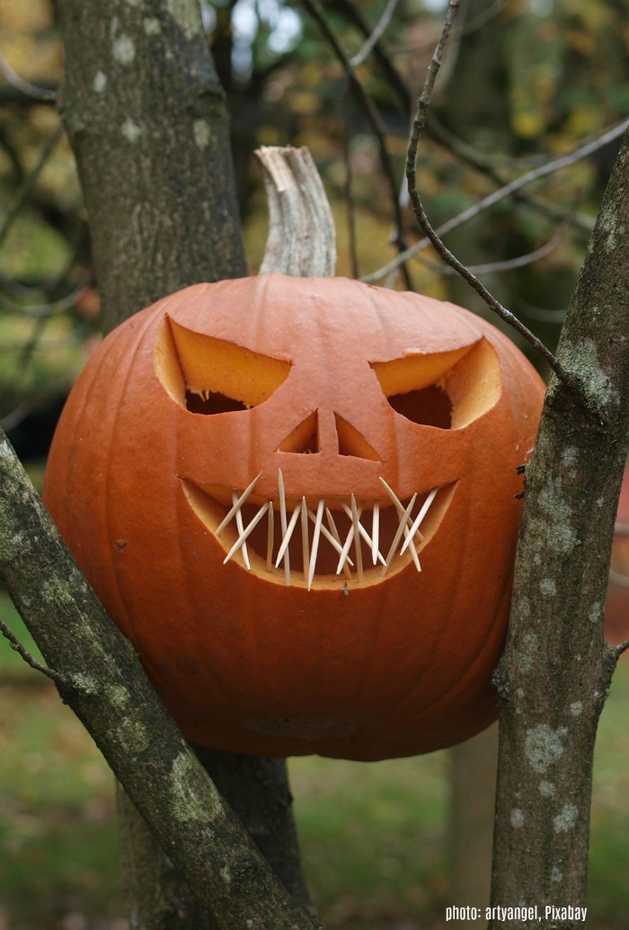 Abóbora esculpida com dentes feitos de palito.