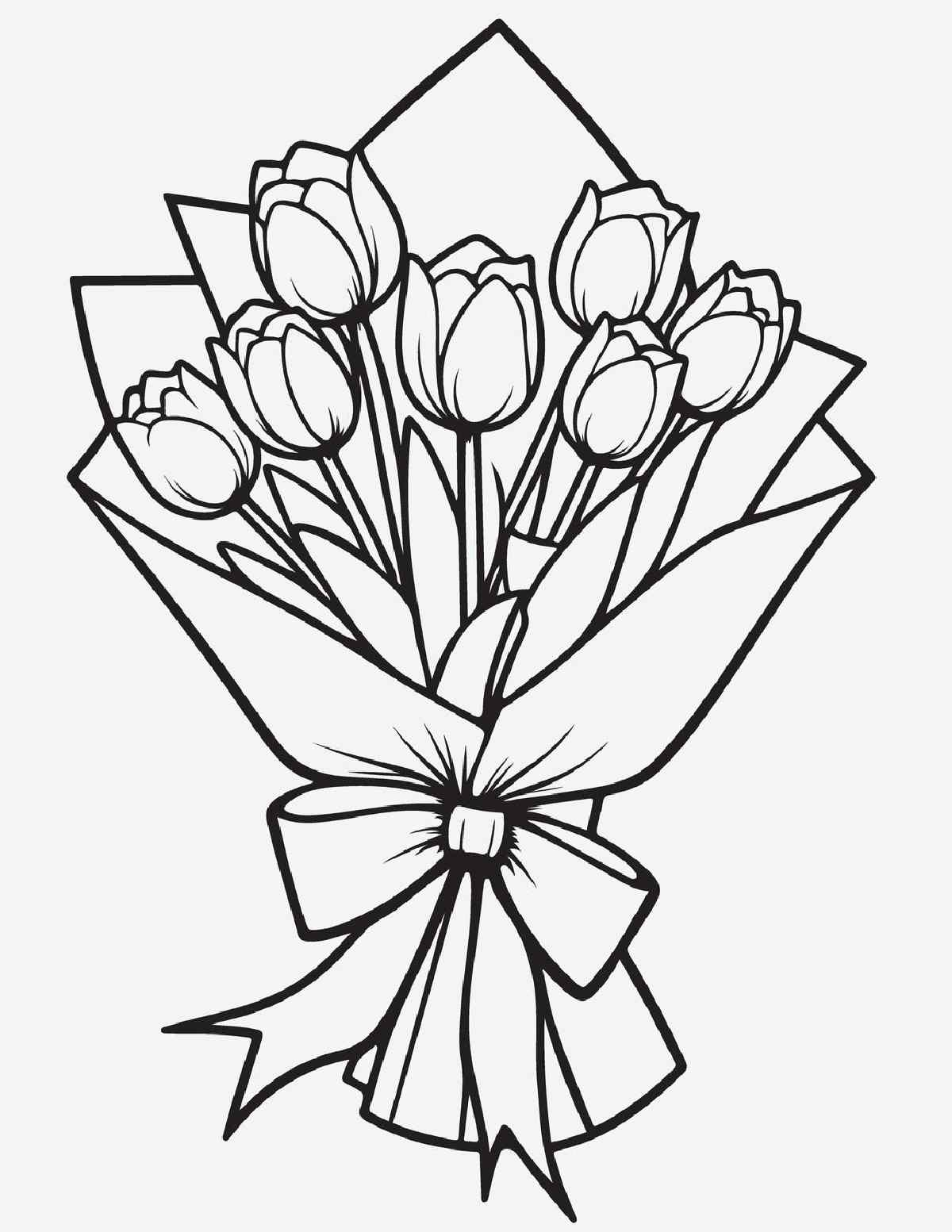 Uma página para colorir de tulipas para imprimir com um buquê de tulipas com um laço no centro da folha para colorir.