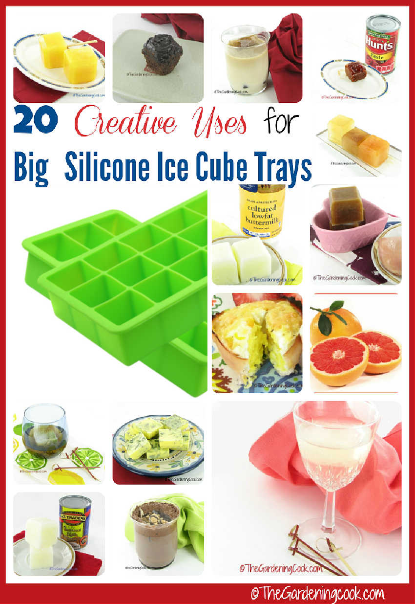 Formas de gelo de silicone grandes com comida e bebidas em uma colagem e texto dizendo 20 usos criativos para formas de gelo de silicone grandes