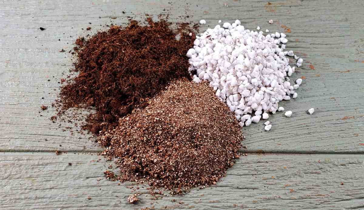 Vermiculita, musgo de turfa e perlita em montes sobre uma tábua de madeira para misturar no início de sementes em ambiente interno.